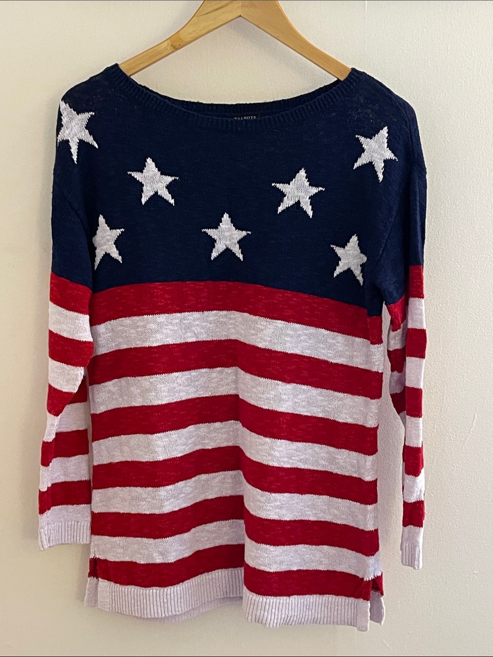 Talbots American Flag Linen Cotton Blend Sweater XS Patriotic Stars Stripes